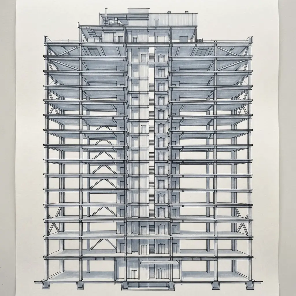 Technical marker high-rise structural section showing floors, columns, beams, circulation, and clear line hierarchy for architectural drawing and paintings for professional artists.