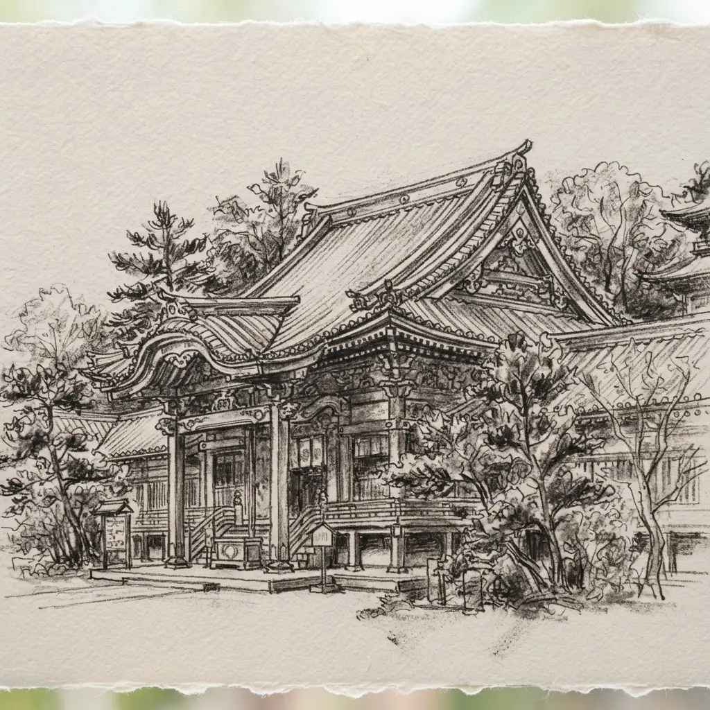 Charcoal sketch of a traditional Japanese temple with layered roof tiles, timber posts, and surrounding trees.