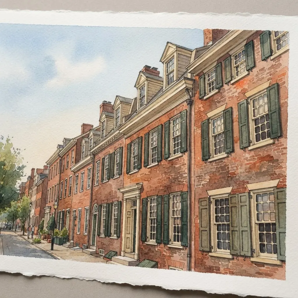 Watercolor colonial townhouse row with repeating windows, narrow sidewalks, pitched roofs, and gentle afternoon light.
