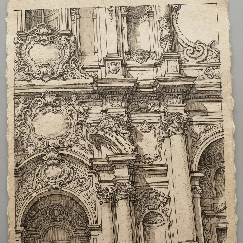 Ink drawing of an ornate Baroque church detail with scrollwork, sculpted trim, columns, and fine directional hatching.