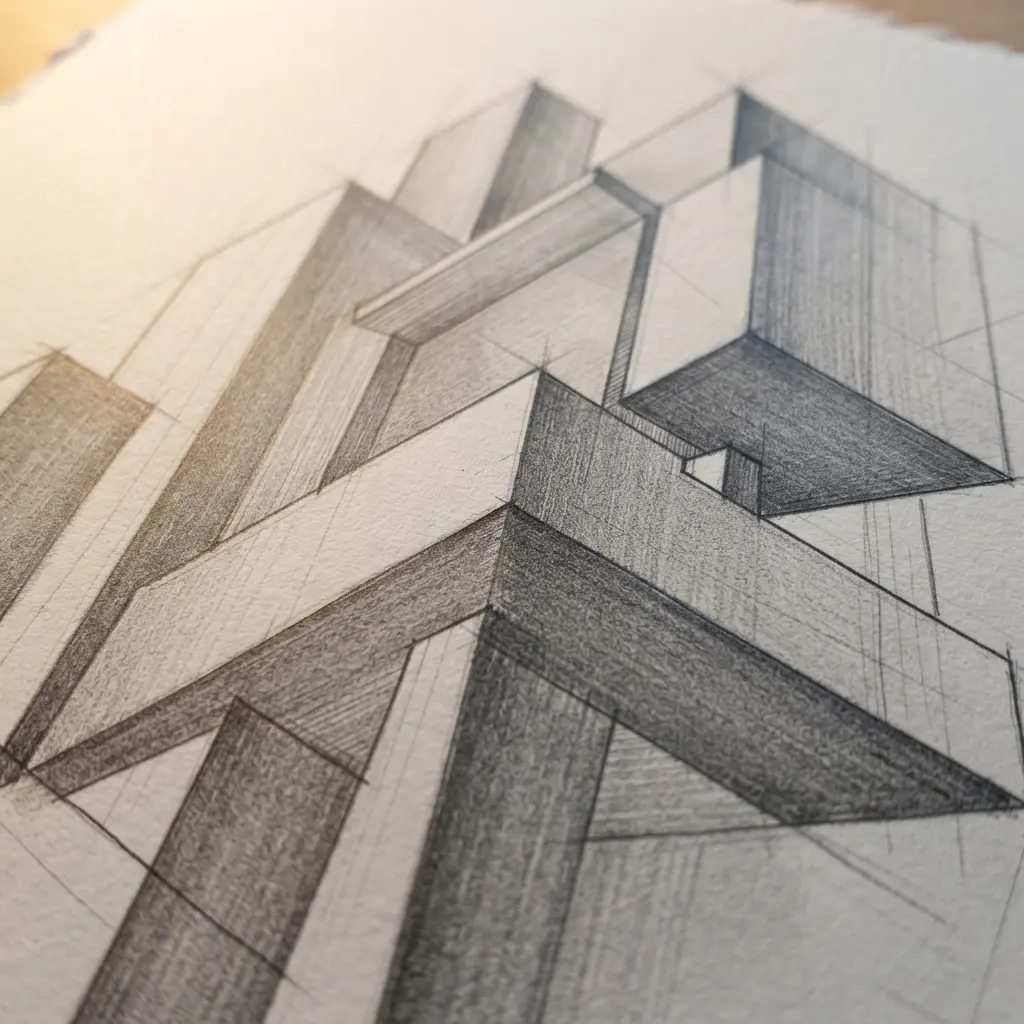 Graphite abstract geometric composition with intersecting planes, measured edges, cast shadows, and open white space.