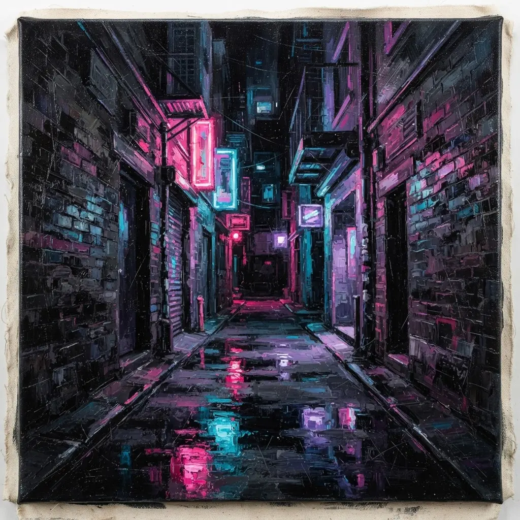 Acrylic nighttime neon city alleyway with brick walls, signs, wet pavement, and colored reflections.