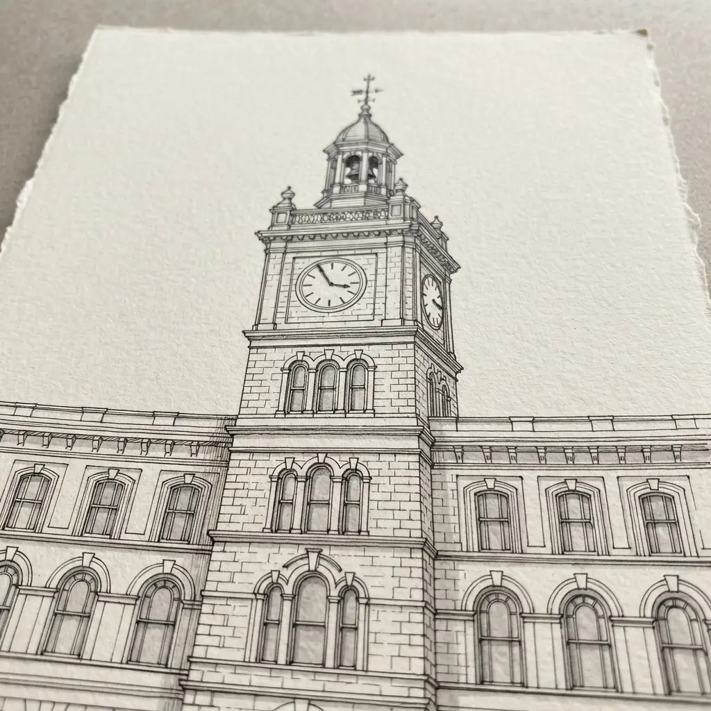 Fine-liner clock tower elevation with measured windows, clock faces, masonry joints, and a precise symmetrical façade.