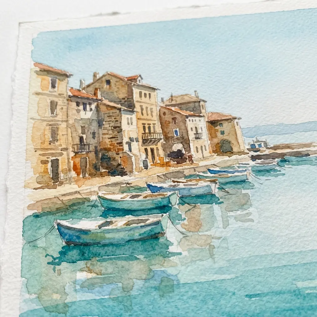 Watercolor Mediterranean waterfront harbor with stone buildings, moored boats, calm water, and pale coastal light.