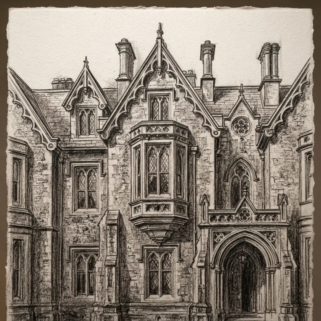Charcoal Victorian Gothic manor façade with pointed windows, carved stone, and deep shadows for architectural drawing and paintings for professional artists.