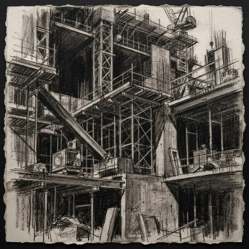 Charcoal urban construction site with scaffolding, unfinished concrete floors, machinery, debris, and strong diagonal shadows.