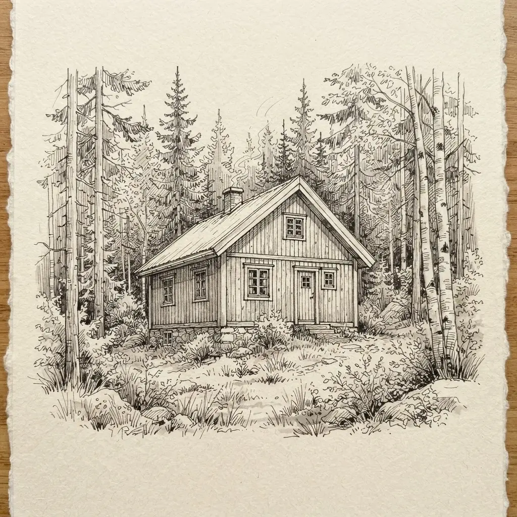 Ink pen Scandinavian cabin among tall trees with a simple gabled roof, timber siding, and ground-level vegetation.
