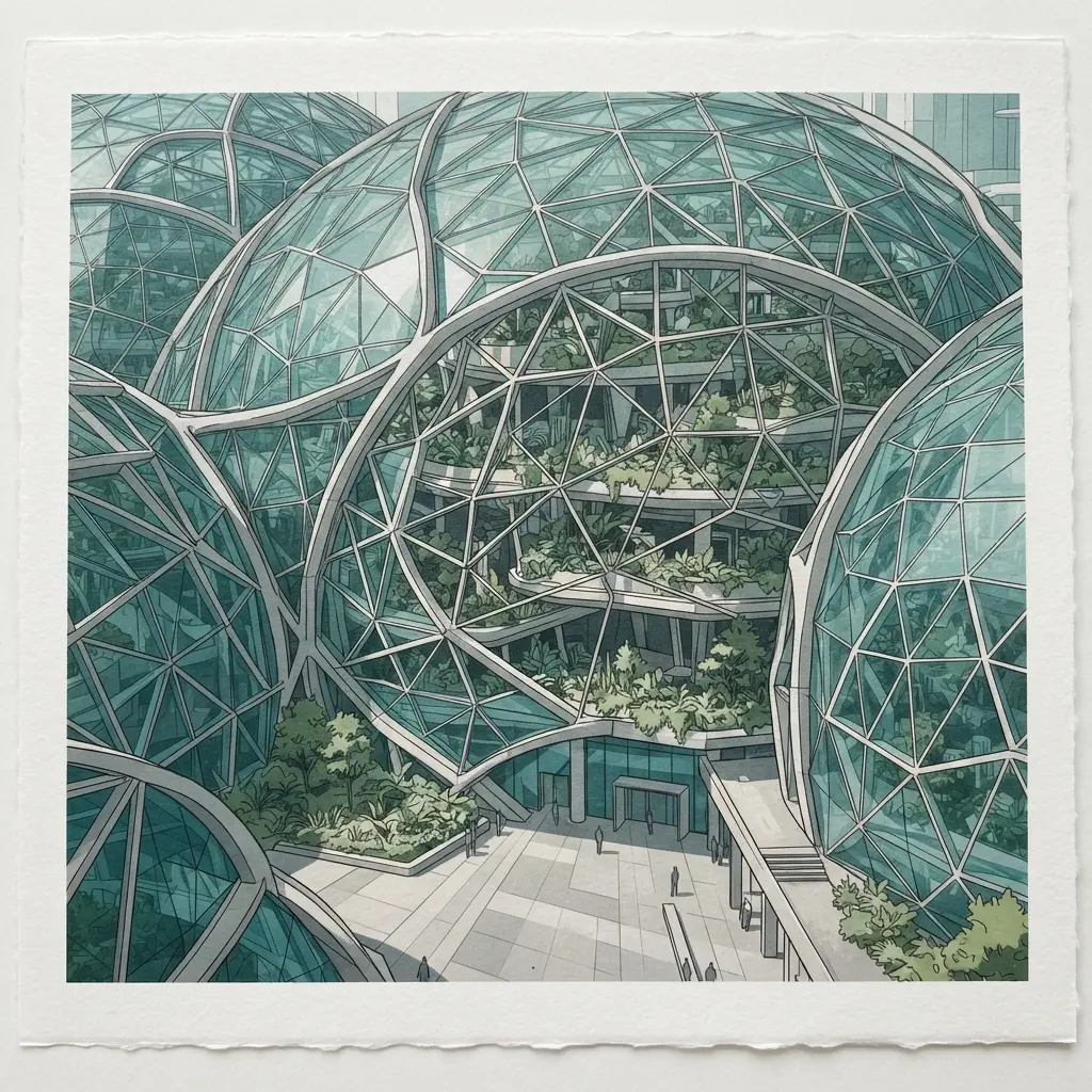 Digital futuristic bio-dome structure with transparent panels, planted terraces, support ribs, and a clean open plaza.