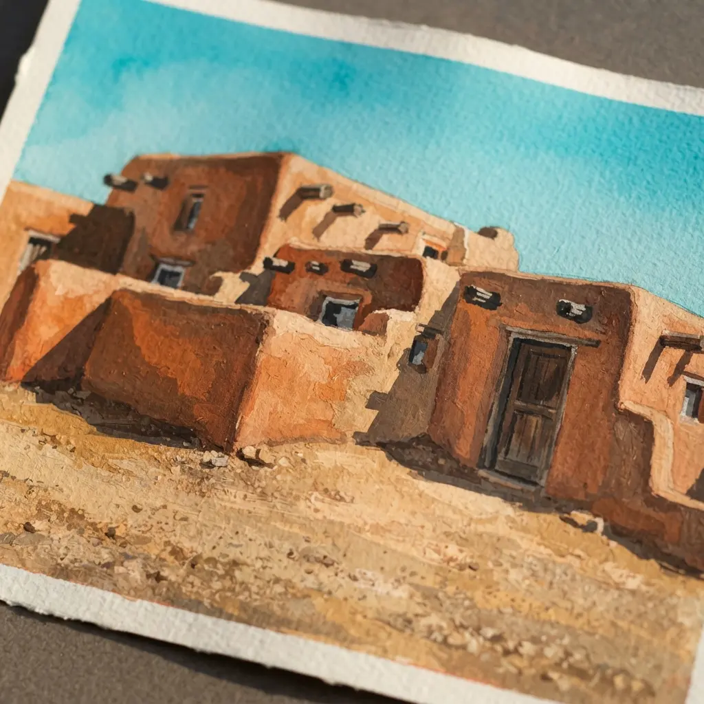 Gouache desert adobe dwelling with rounded walls, timber beams, small windows, sandy ground, and strong sunlight.