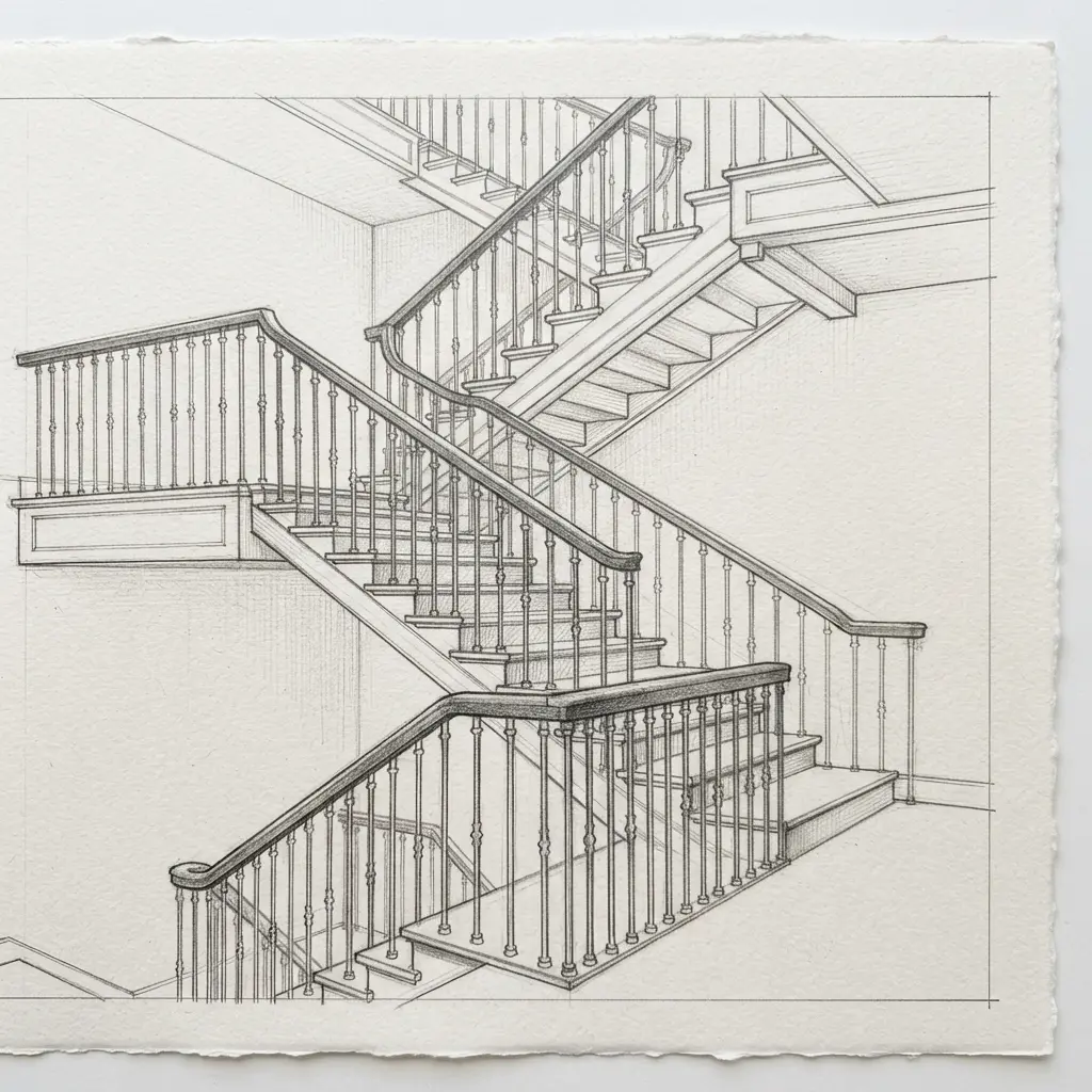 Pencil staircase study with repeating steps, handrails, balusters, cast shadows, and carefully aligned perspective lines.