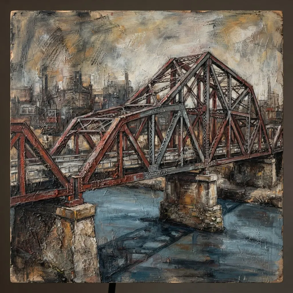 Mixed media industrial steel bridge with trusses, riveted beams, river supports, distant buildings, and textured sky.