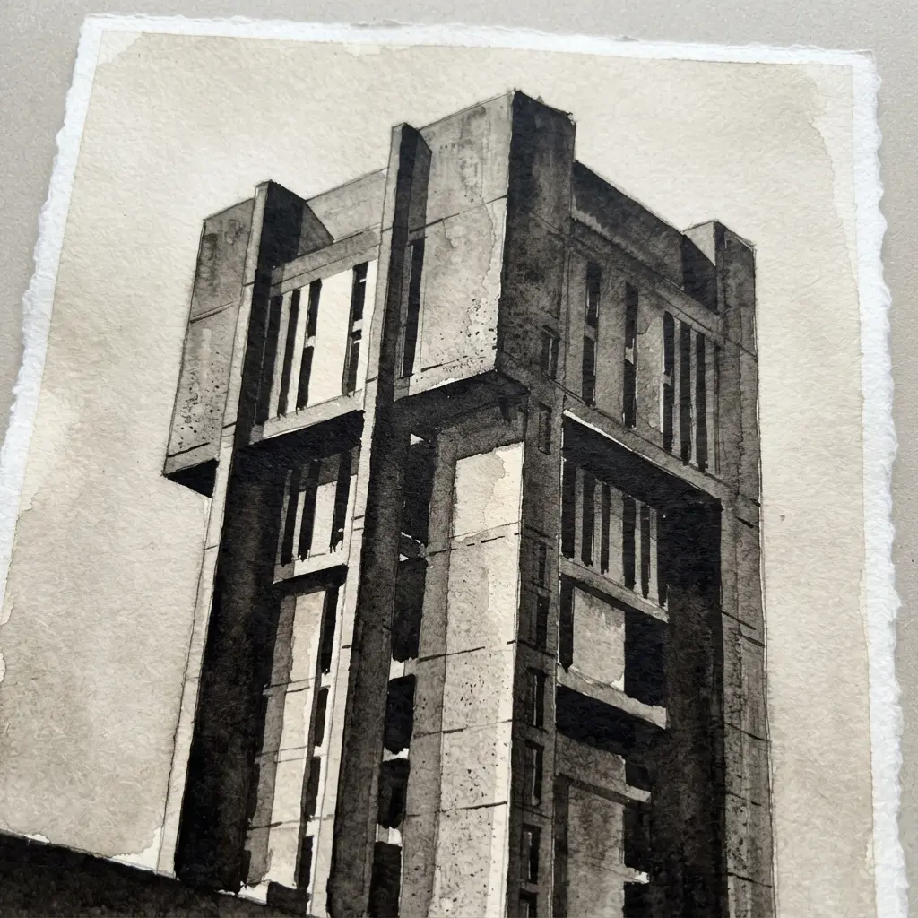 Ink wash Brutalist concrete tower with broad planes, narrow windows, and tonal depth for architectural drawing and paintings for professional artists.