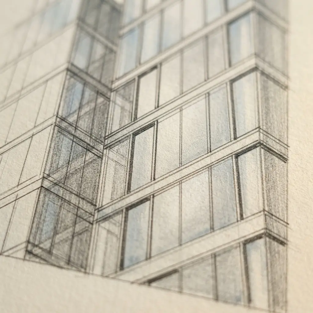 Graphite glass skyscraper detail showing mullions, clean reflections, and geometric window sections for architectural drawing and paintings for professional artists.