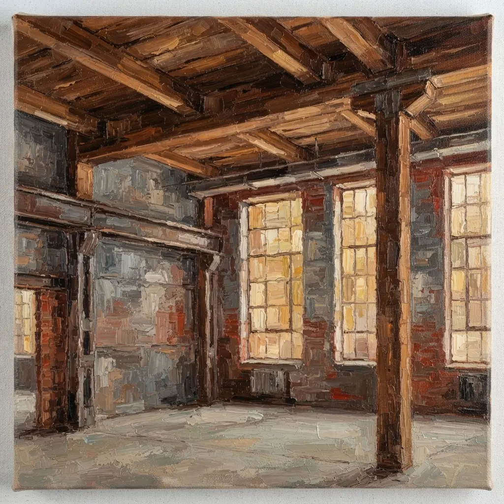 Acrylic industrial warehouse loft interior with exposed beams, tall windows, concrete flooring, and warm directional light for architectural drawing and paintings for professional artists.