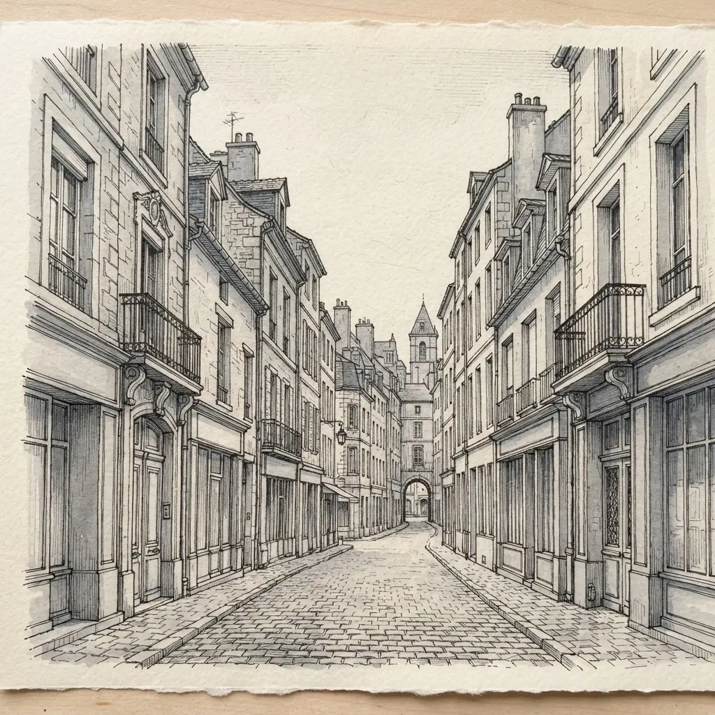 Pen and ink European streetscape with aligned façades, shopfronts, paving stones, and layered distance for architectural drawing and paintings for professional artists.