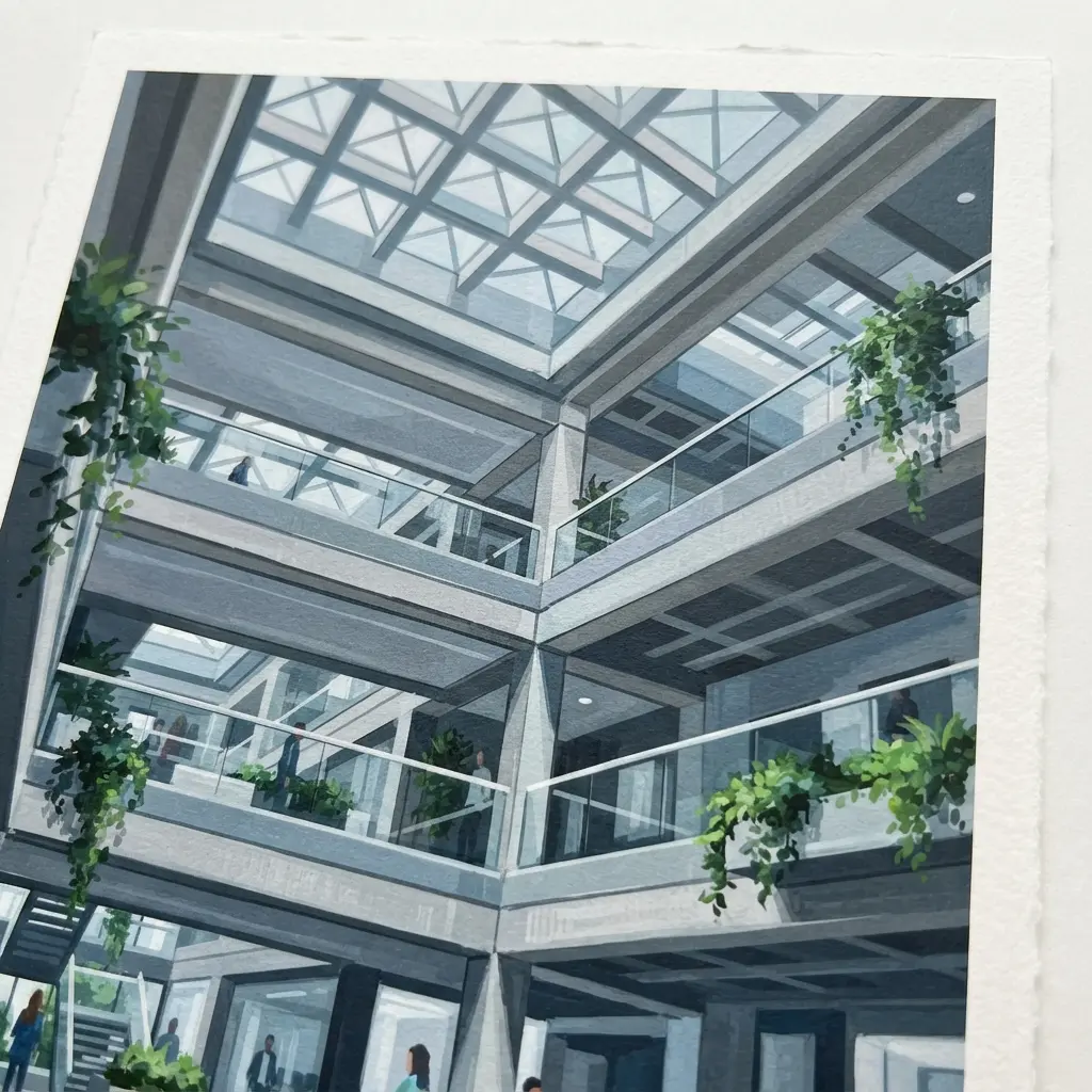 Digital painted modern atrium with skylights, balconies, plants, and cool interior shadows for architectural drawing and paintings for professional artists.