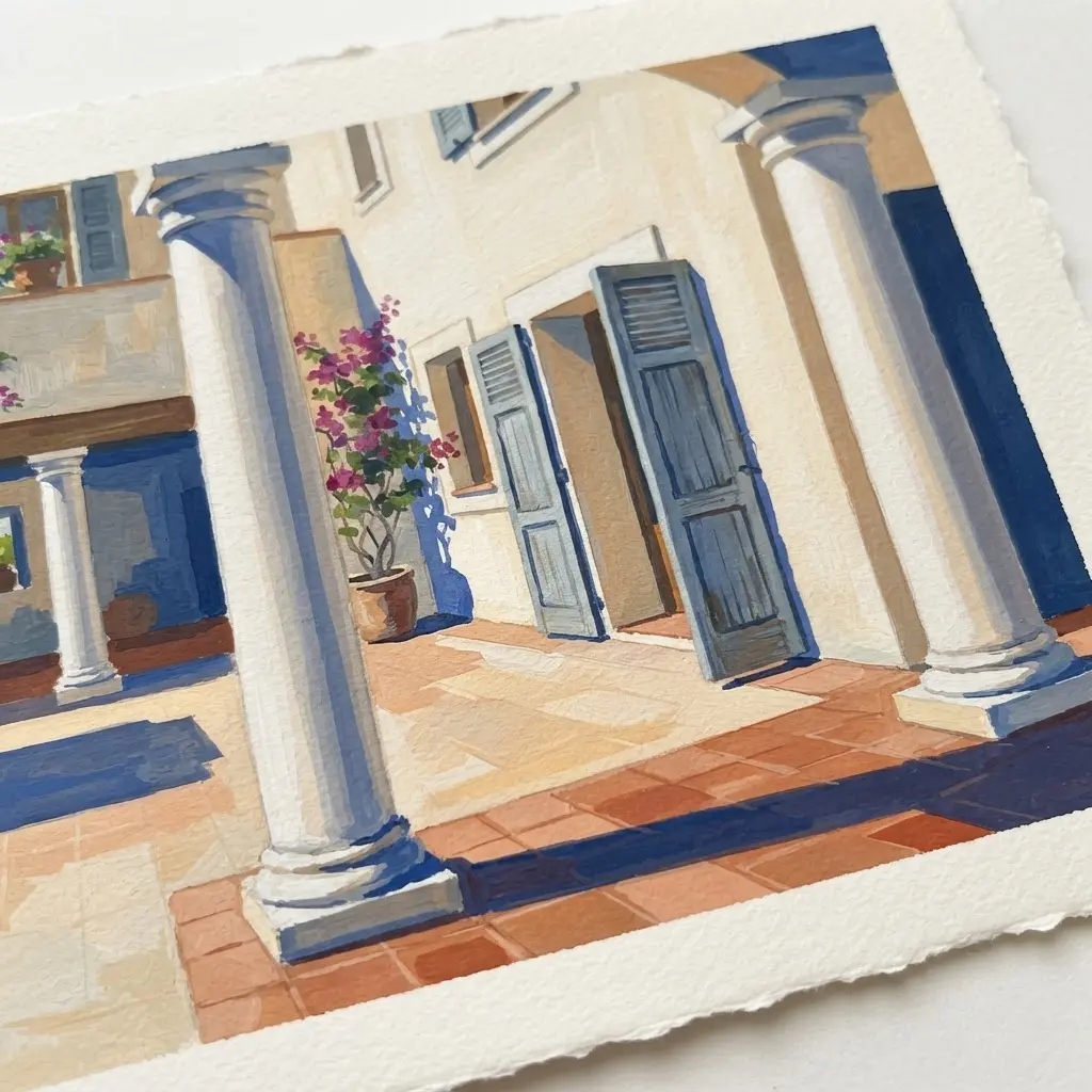 Gouache Mediterranean villa courtyard with columns, tiled paving, open shutters, and crisp sunlight for architectural drawing and paintings for professional artists.