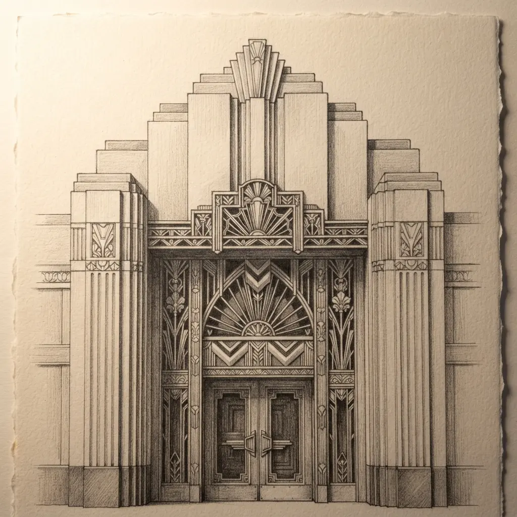 Detailed pencil Art Deco entrance with stepped forms, decorative metalwork, and balanced symmetry for architectural drawing and paintings for professional artists.