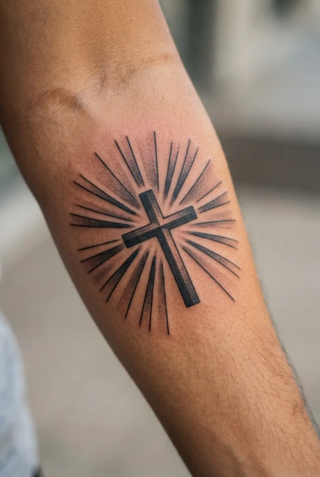 A dark cross sits on the forearm before evenly spaced sunburst rays spreading outward in a clean black design.