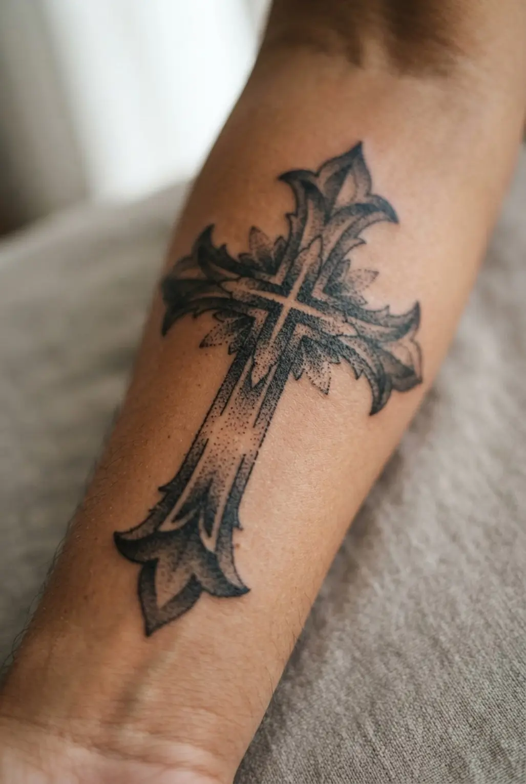 A dramatic cross tattoo fills the forearm with stippled shadows, dark edges, and carefully spaced dotwork.