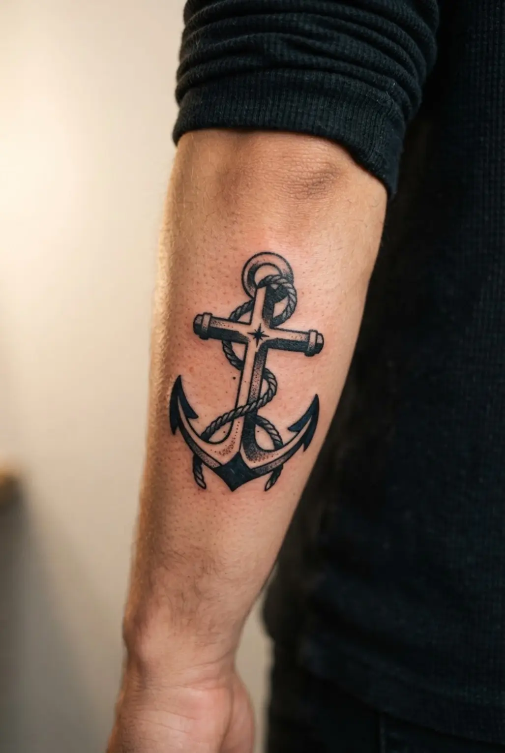 An anchor and cross share one vertical forearm design with thick black lines, rope details, and a small star.