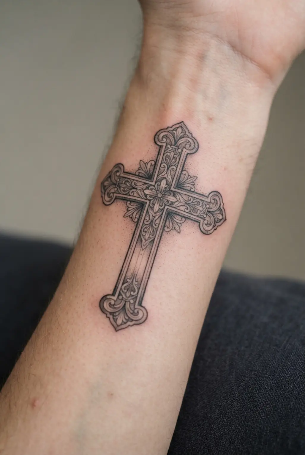 A vintage engraved cross runs along the forearm with fine etched lines, ornamental corners, and soft gray shading.
