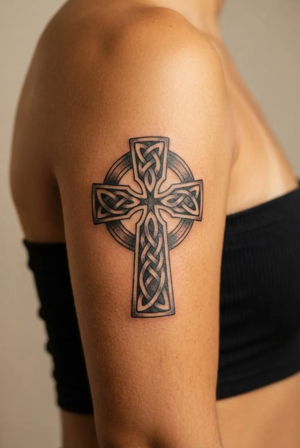 A detailed Celtic knotwork cross appears on the upper arm with interlaced black lines and balanced round edges.