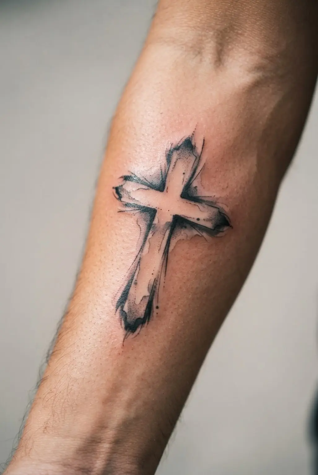 A soft ink wash cross appears on the forearm with loose black edges, pale gray pooling, and open white areas.