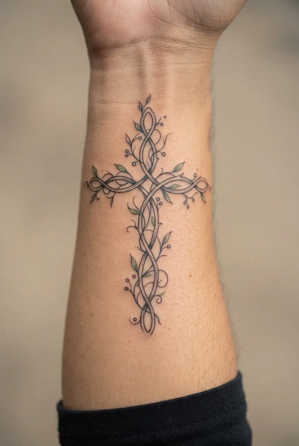 A slim cross and winding vine share the forearm with sparse leaves, fine black lines, and a clean vertical layout.
