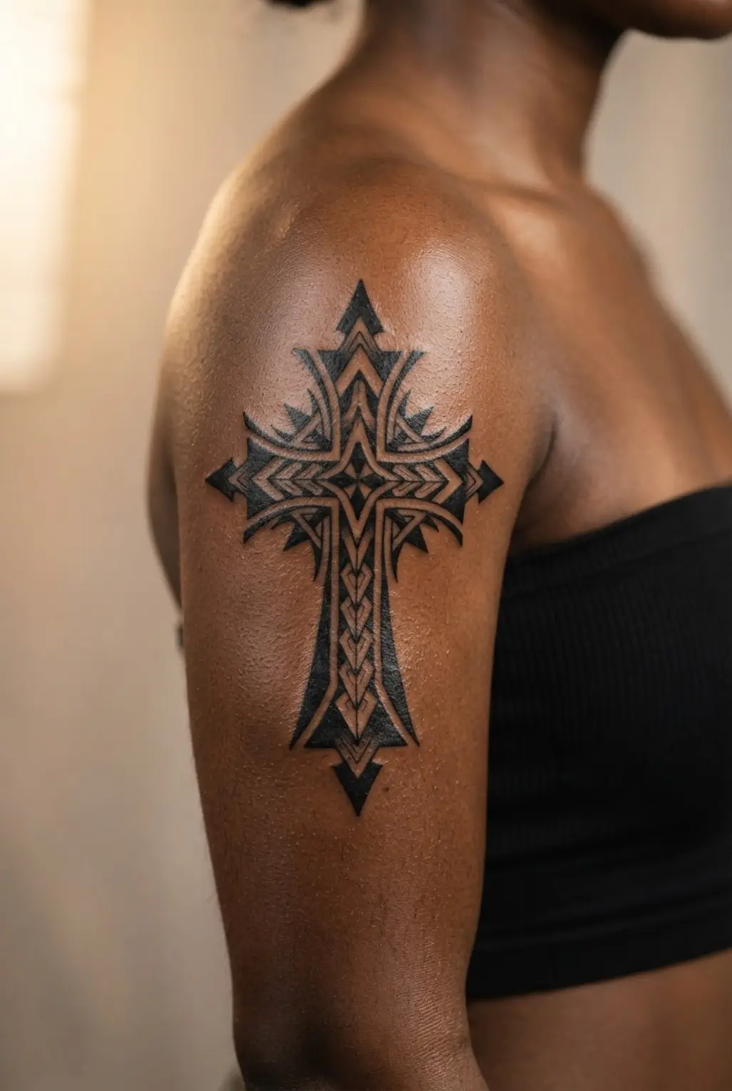 An angular tribal cross covers the bicep with sharp black sections, repeating points, and strong symmetrical lines.