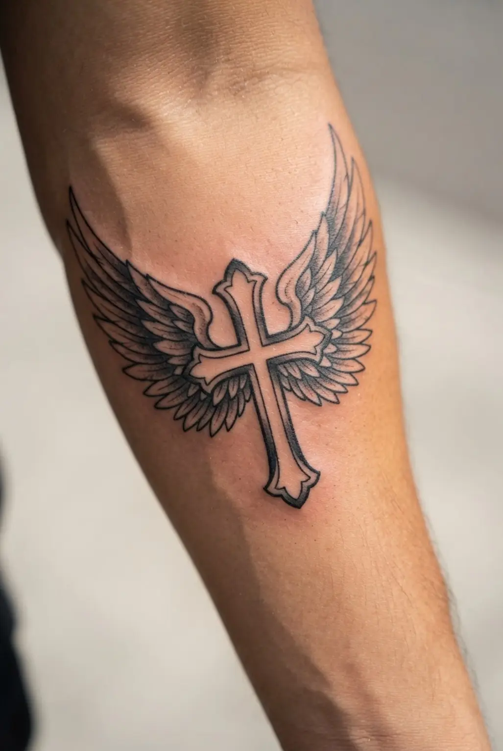 Wide wings extend from a vertical cross on the inner forearm with layered feathers and bold black outlines.