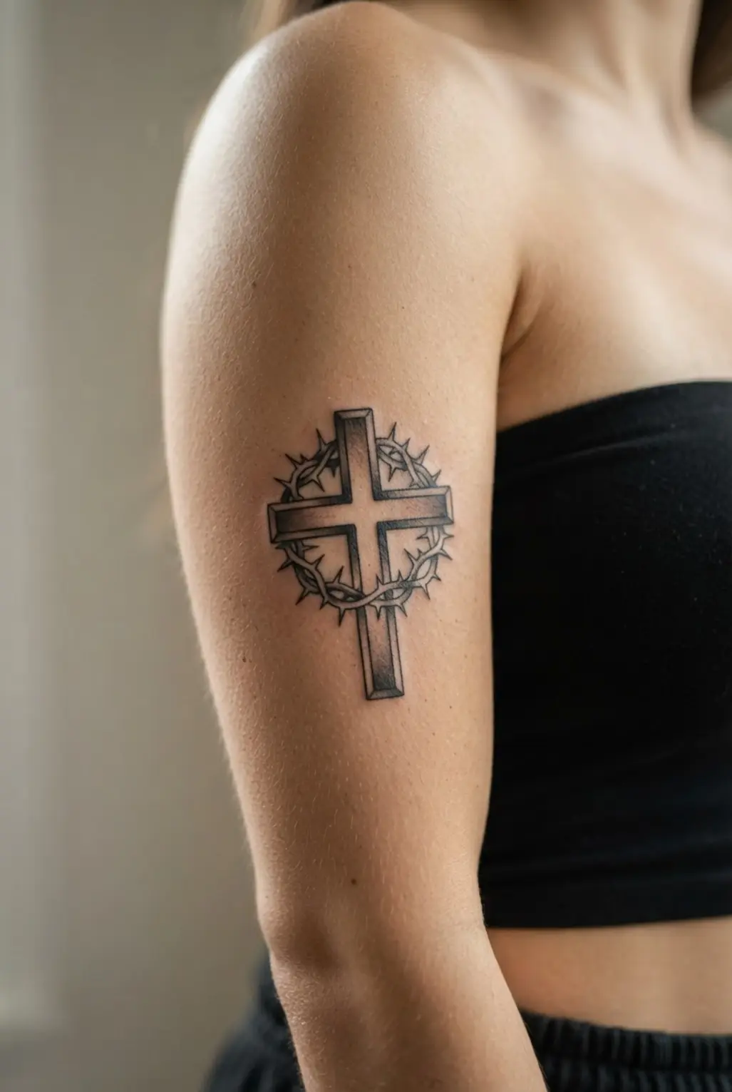 A solid cross on the bicep is encircled by a thorned crown with fine points and soft black shading.
