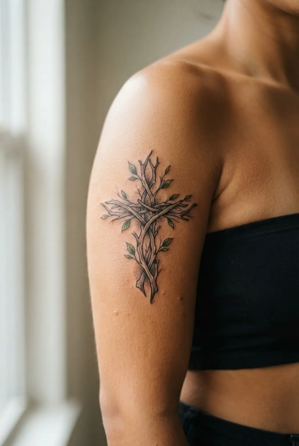A simple cross on the bicep is formed with branching wood lines, small leaves, and soft natural shading.