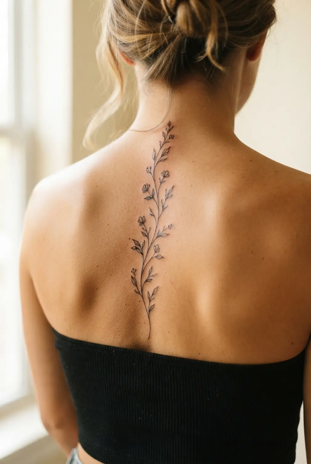 A fine-line botanical vine follows the spine in a delicate back tattoo for women design.