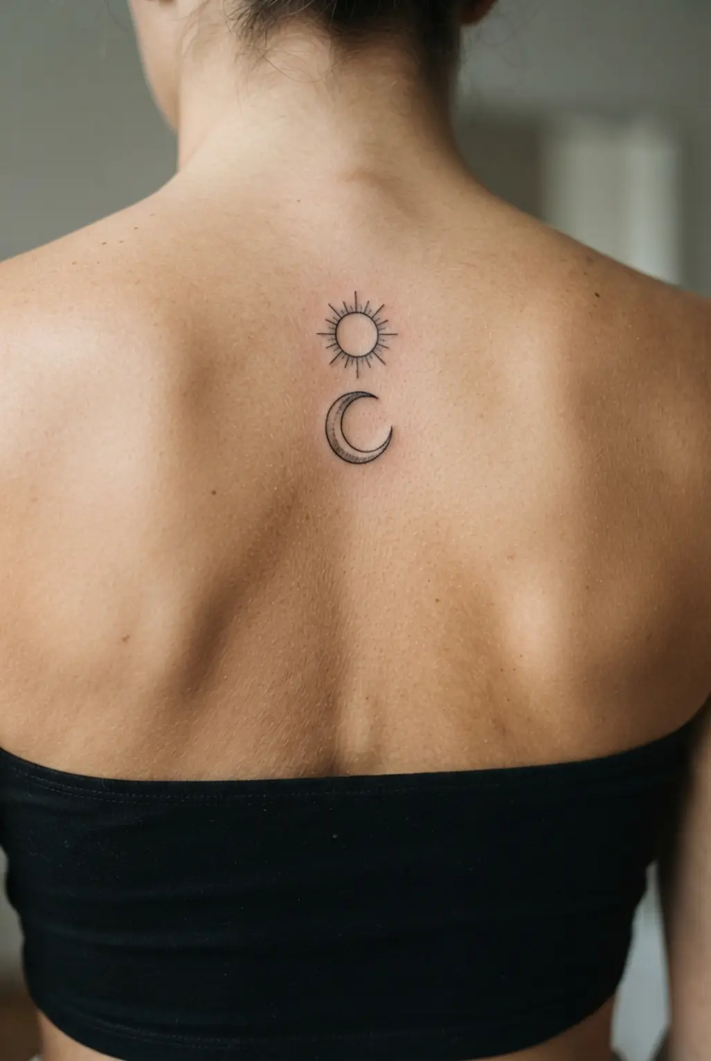 A small sun and moon line up along the spine in a symbolic back tattoo for women design.