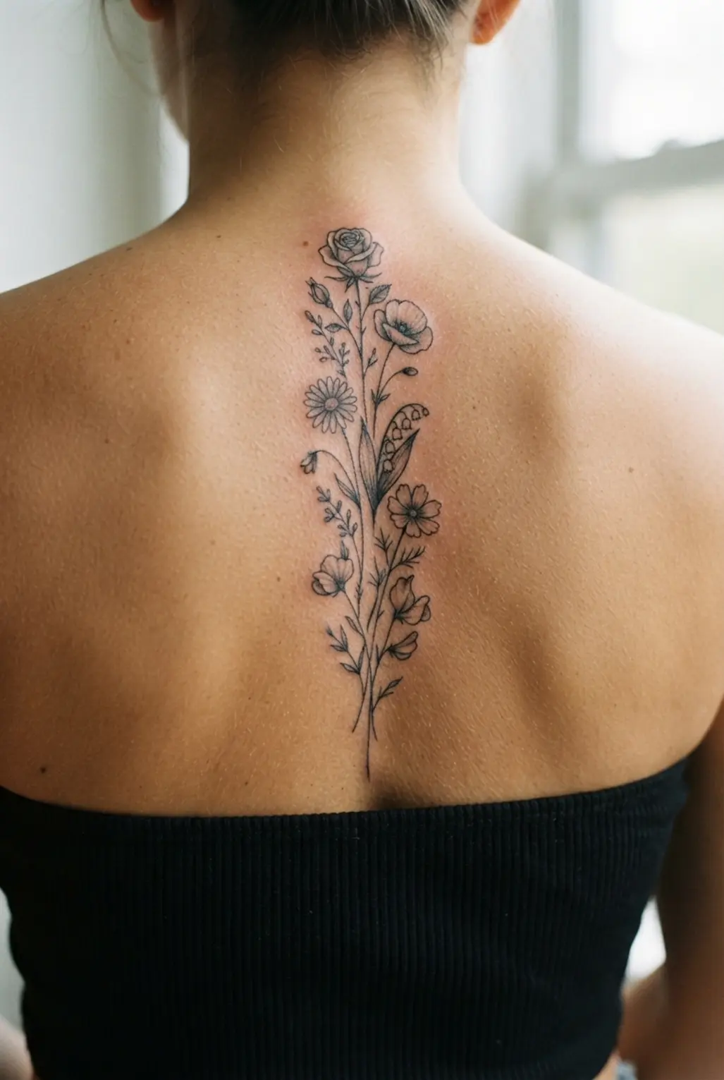 Several birth flowers form a narrow bouquet from the nape toward the lower back.