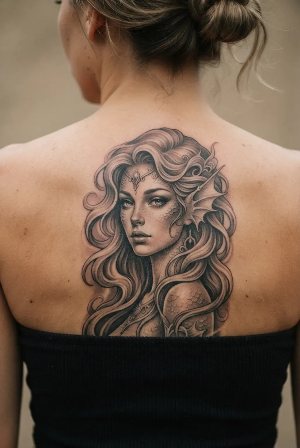 A detailed siren portrait fills the back with flowing hair and soft black and gray shading.