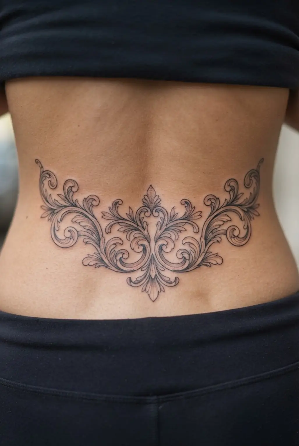 Ornate filigree curls mirror one another across the lower back in a balanced design.