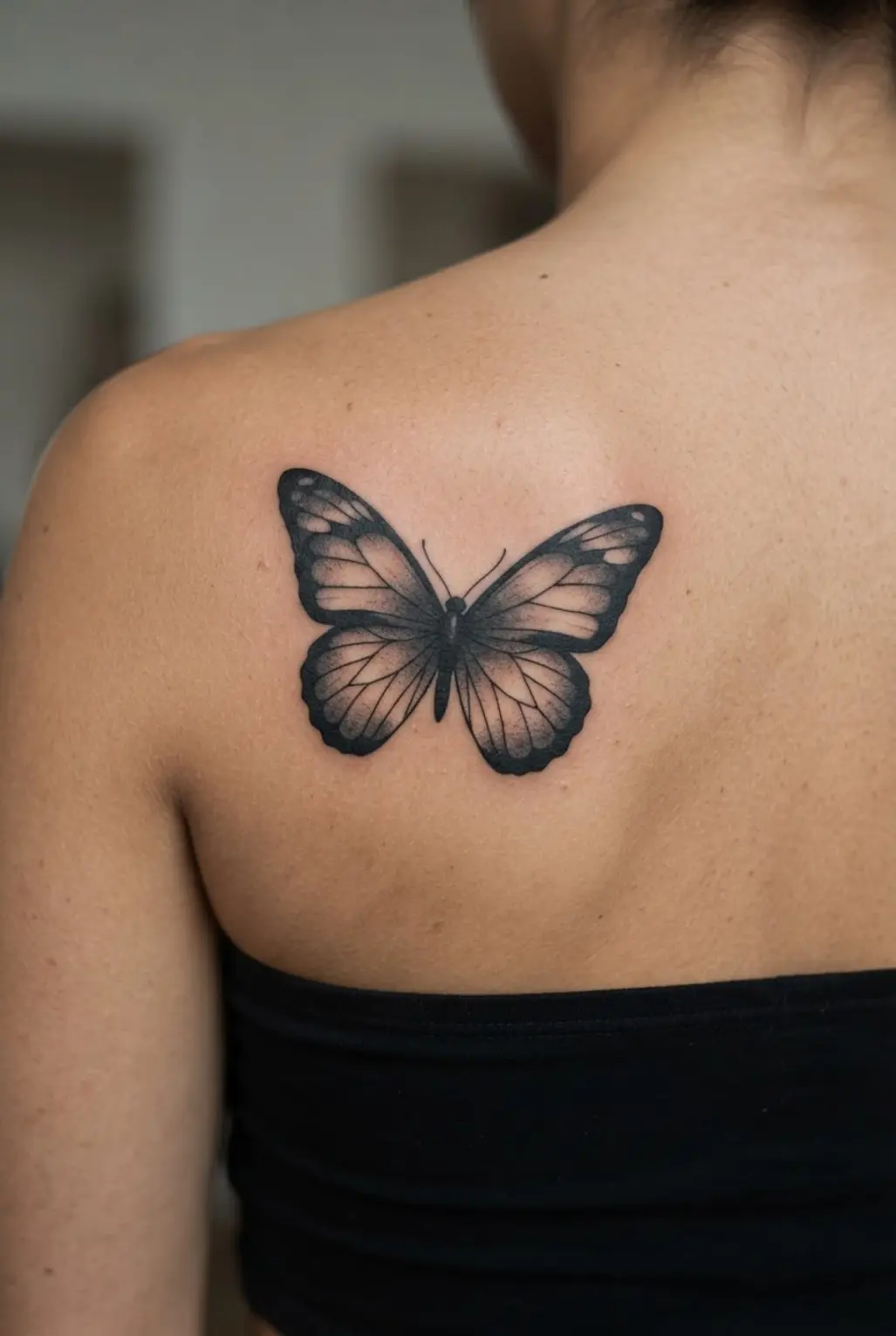A detailed blackwork butterfly spreads across one shoulder blade in a back tattoo for women design.