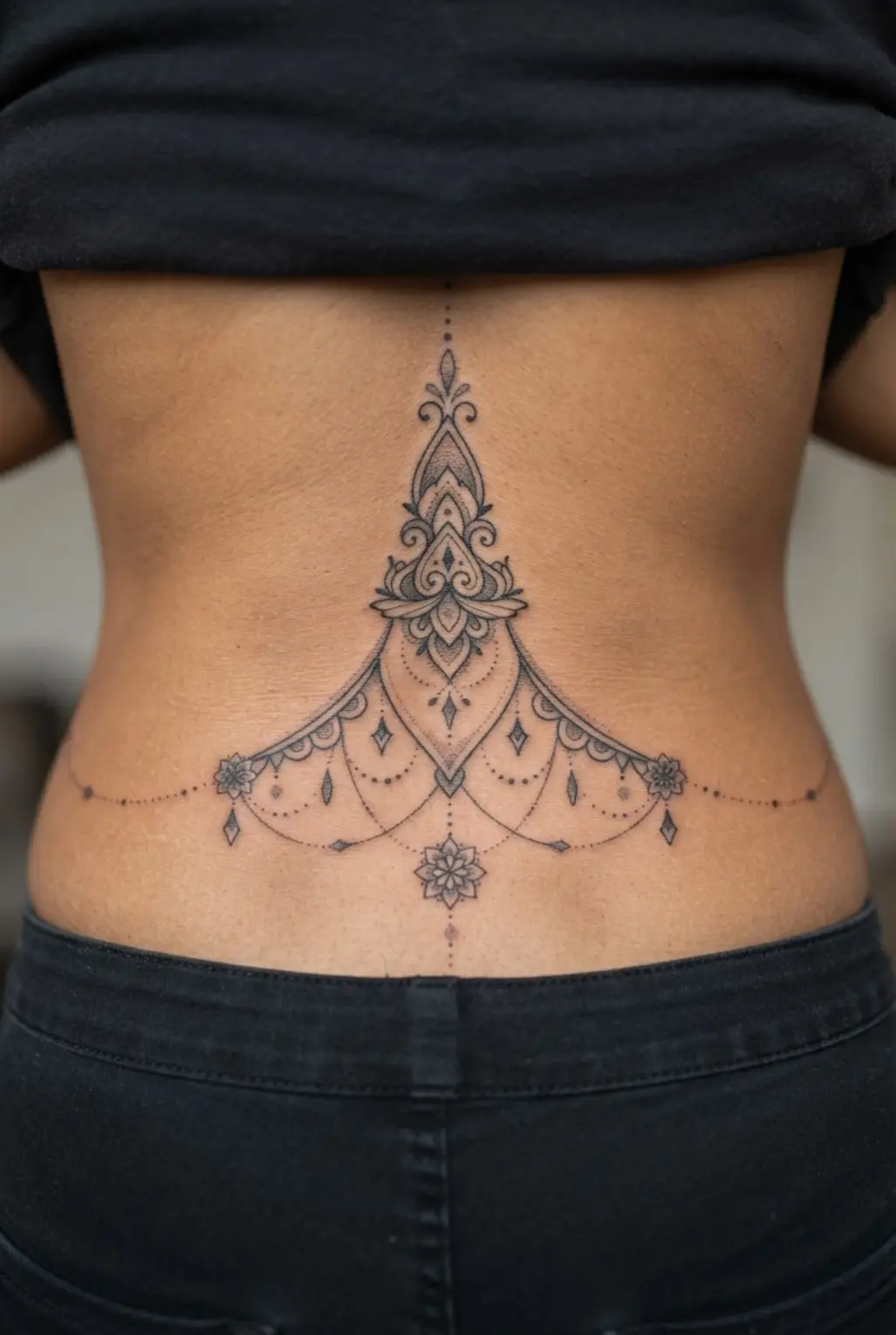 A jewelry style ornament spans the lower back in a symmetrical back tattoo for women design.