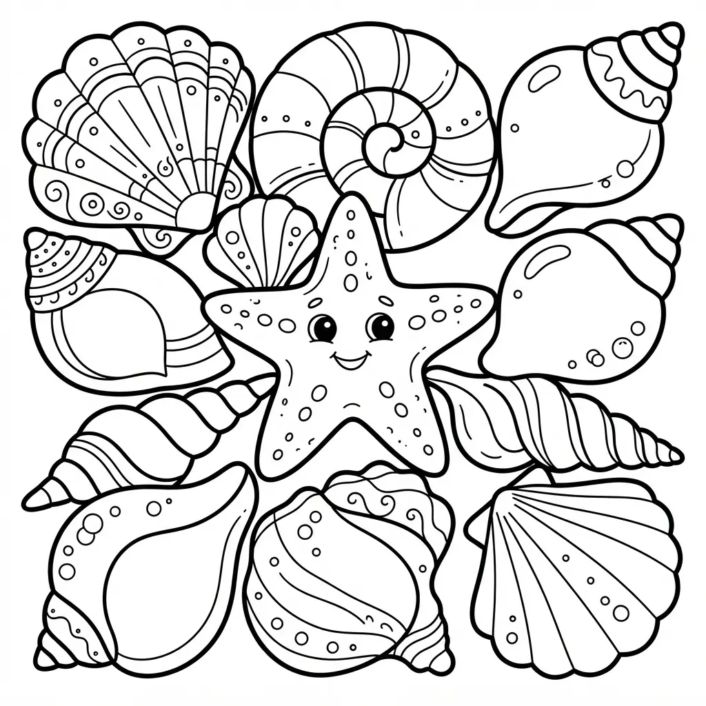 Black-and-white beach coloring pages showing a detailed seashell pattern with starfish and bold outlines.