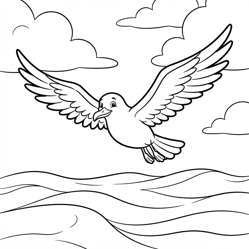 A graceful seagull flies over the ocean with spread wings, soft clouds, and gentle wave lines.