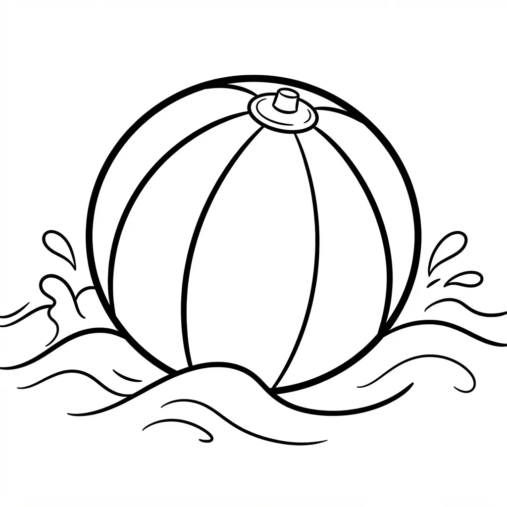 A floating striped beach ball rests among playful waves with curved water lines and open space.