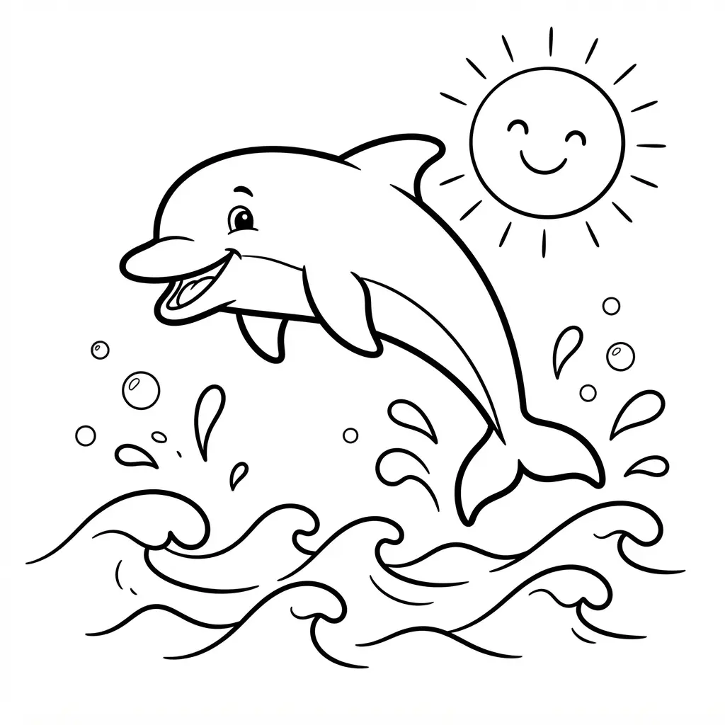 Beach coloring pages showing a friendly dolphin jumping from waves beside bubbles and a sunny sky.