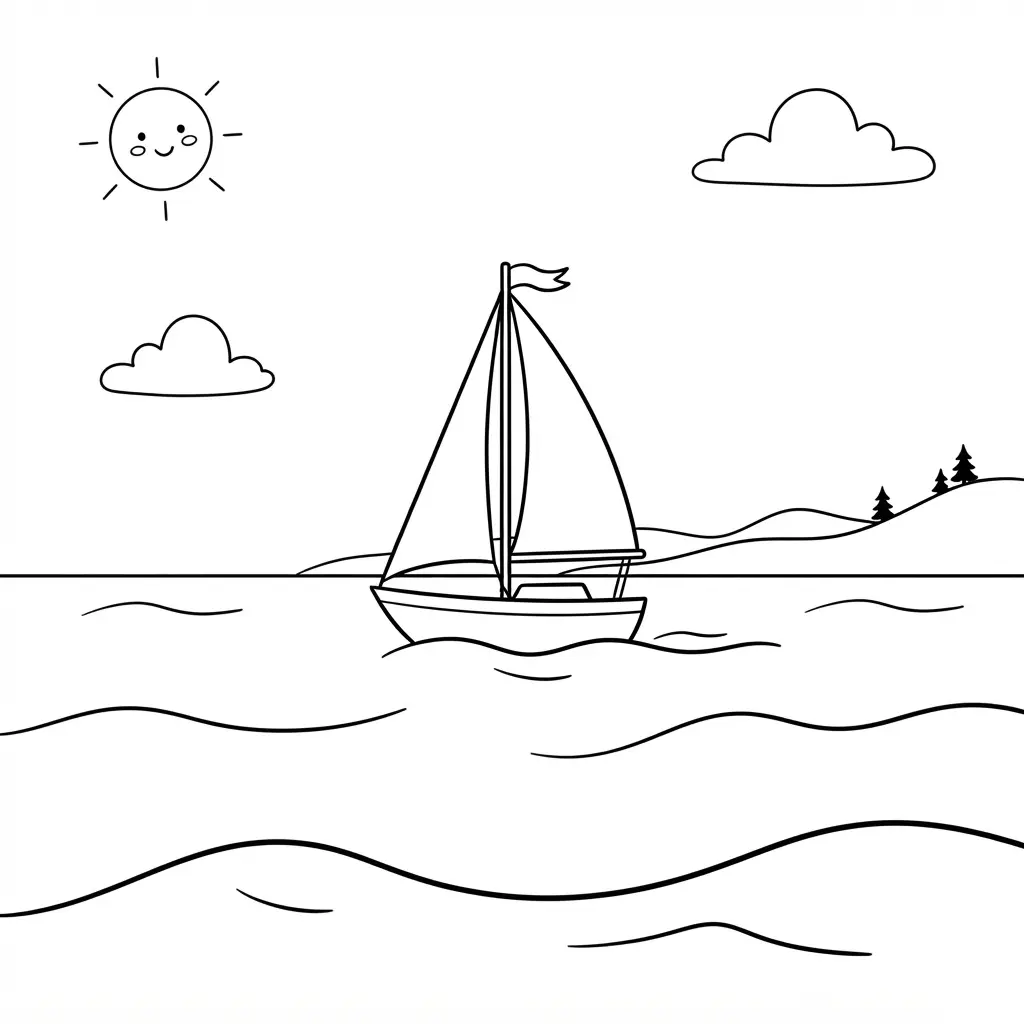A distant sailboat crosses calm waters beneath a clear sky with a low coastal horizon.