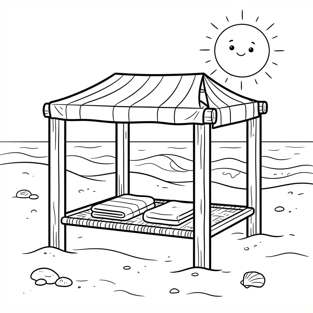 A shaded cabana sits on sunny sand with two beach towels, open sides, and a simple sea view.