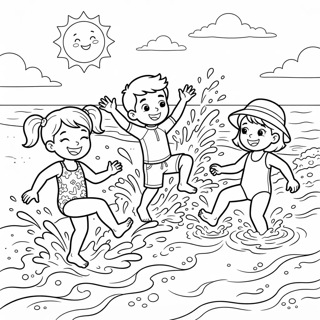 Beach coloring pages show children splashing in gentle surf with small waves, swimsuits, and sunny sky.