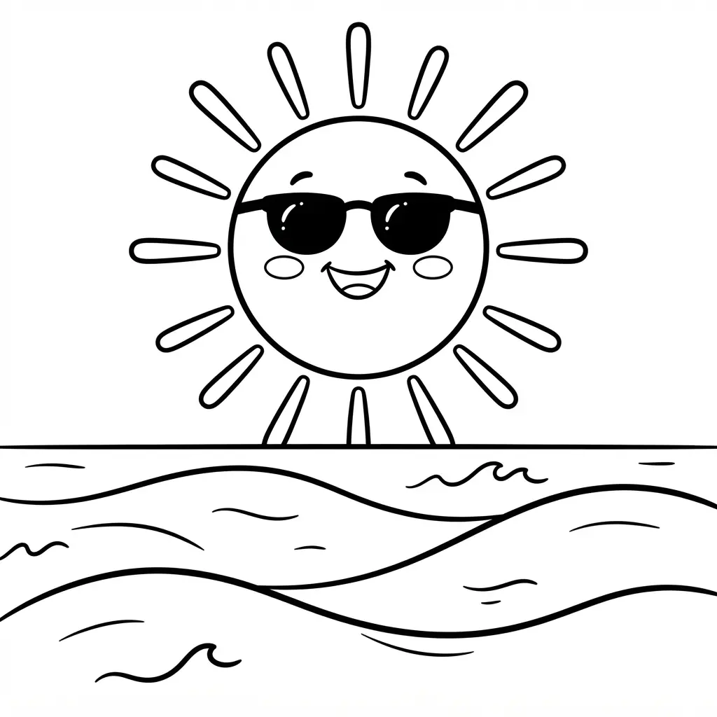 Beach coloring pages showing a cheerful sun wearing sunglasses above simple ocean waves and a bright horizon.