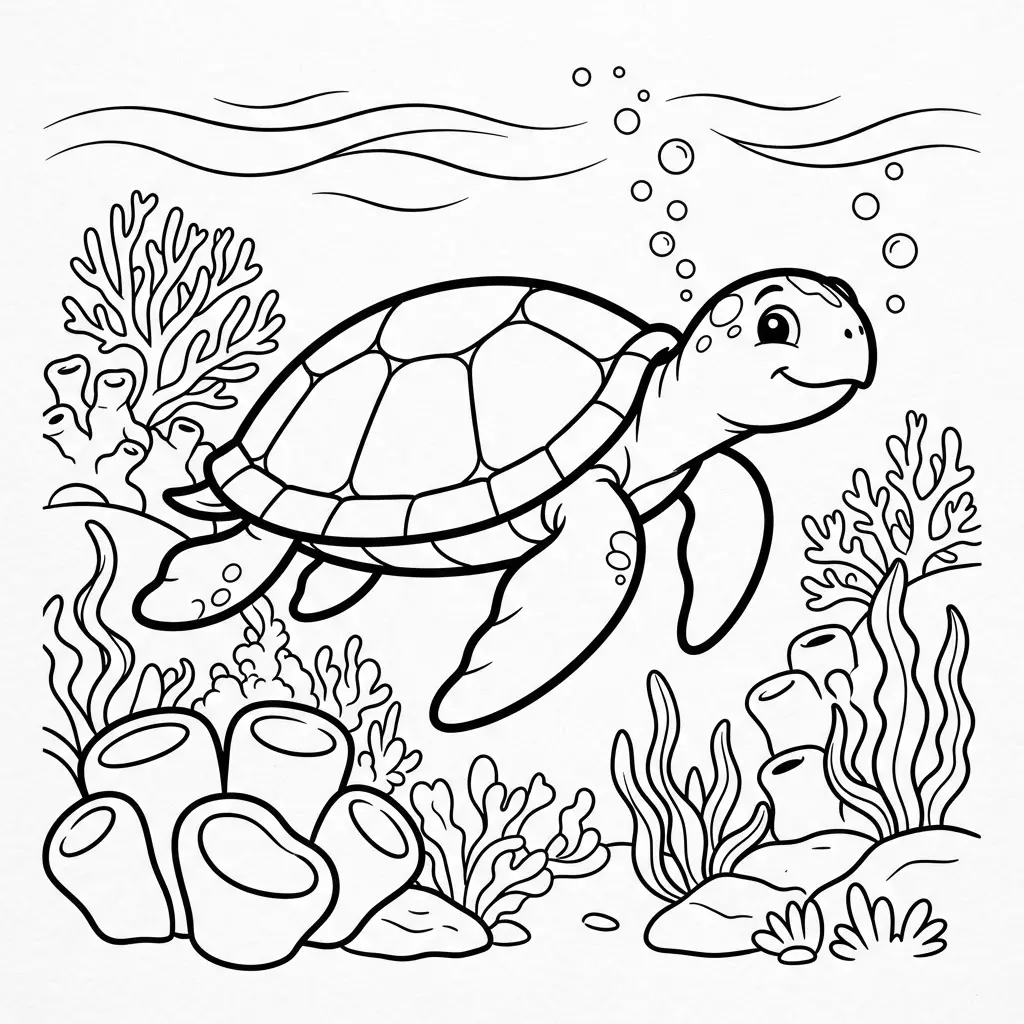 A swimming sea turtle moves among corals, bubbles, and sea plants beneath clear curved waves.