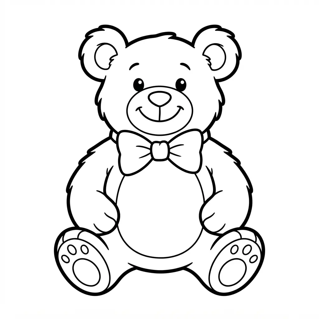 Smiling teddy bear in a bowtie with thick black outlines, shown on a printable bear coloring pages sheet.